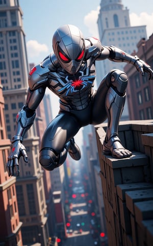 Ghibli studio anime style, a striking photo taken from a low-angle perspective view, focus on the spiderman's hand while he ijumping down from a high building. Spider-Man hybrid the style of Ultron, gleaming silver white armor with glitter lights and a hyper-realistic advanced joint parts, poised on mid-air, unreal engine-powered aesthetic. Casting unexpected super power.