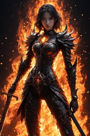 A sexy figure silhouette of a Japanese high school girl holding a flaming sword. She has beautiful big eyes and gorgeous goddess face. The sword burns with intense flames, and its underside appears to be made of molten lava. The man's suit flows downwards, transforming into armor adorned with dragon scales and fiery embers. Above the flaming sword, there's a swirling portal to another dimension, and the entire scene is set against a backdrop of swirling cosmic energy.