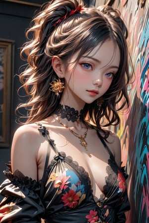 A stunning full body portrait photo of an alluring and charming blonde komoe from Namiuchigiwa no Muromi-san. Her enchanting smile draws the viewer in, while her alluring attire, including a lacy deep neckline top and strings with suspended belt, exudes elegance and sophistication. Gold earrings and a necklace adorn her, adding a touch of refinement.

The background showcases a mesmerizing, abstract swirl of deep blues and purples, creating a dynamic and energetic atmosphere that contrasts with the subject's poised demeanor. This exquisite blend of painting-like qualities, fashion, conceptual art, and photography exemplifies the artistry and innovation within this striking image. A masterpiece of conceptual art, cinematic portraiture, and photography, this 3D render stands as a testament to the creative prowess of, anime, vibrant, painting, fashion, photo, 3d render, graffiti, cinematic, conceptual art, portrait photography, illustration,better photography