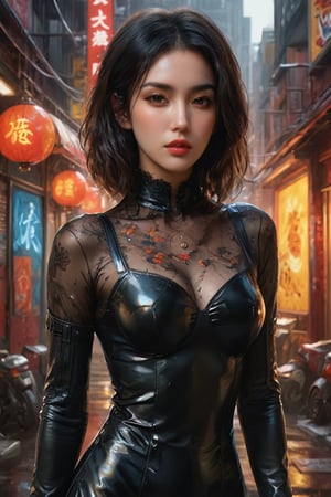 ((masterpiece)), ((best quality)), (((photo Realistic))), (3/4 portrait photo), (8k, RAW photo, best quality, masterpiece:1.2), (realistic, photo-realistic:1.3), ultra-detailed. A striking and captivating oil painting, featuring a mysterious woman with wild, black hair. The alluring young woman is set against an urban landscape of towering neon-lit structures, expertly blending gritty city life and cybernetic futurism. The gorgeous woman, donning a form-fitting black dress and black gloves, exudes confidence and danger with her confident stride. The atmosphere is sultry, enigmatic, and vibrant, enticing viewers to embrace their creativity and individuality. The 3D render and illustration-inspired composition creates a dynamic scene that masterfully merges abstract and futuristic elements. The immersive background of swirling, mesmerizing colors in red, yellow, brown, and orange adds depth and dimension to the piece, while gritty textures and digital chaos heighten the tension and energy. The painting's striking subject pierces the dim, product, photo, portrait photography, illustration, architecture, 3d render, vibrant, cinematic, typography, painting, graffiti, ukiyo-e, wildlife photography, conceptual art, 