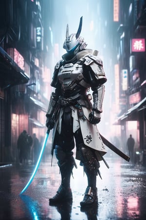 hyperrealistic, best quality, masterpiece, analog film photo, studio lighting, a majestic samurai in shiny white cyberpunk techwear samurai armor, bladerunner city street background with relfections in puddles, highly detailed, hyper-realistic masterpiece, dramatic cinematic lighting, 