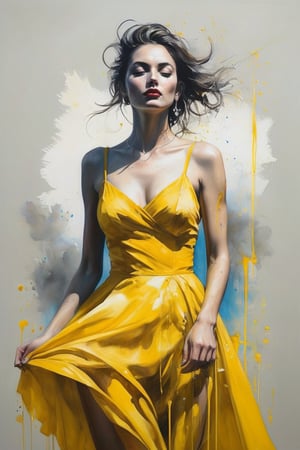 hyperrealistic art style, a masterpiece painting. A mesmerizing watercolor wash painting featuring a gorgeous woman wearing a yellow dress, in the style of joram roukes, dance while head backward, neil gaiman, graceful movements, stanley pinker, made of glass, disintegrated, heavy stroke. 