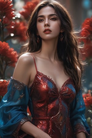 ((masterpiece)), ((best quality)), (((photo Realistic))), A striking picture featuring a fantasy-themed fashion portrait. A tousled, buxom brunette, clad in a glittery dress with a plunging cutout neckline. The backgrounds are half in red hues and half in Blue., portrait photography, fashion