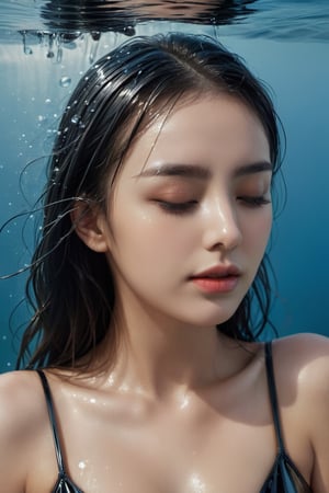 A young woman submerged in water, with her eyes closed and her hands gently placed on her face, wearing glossy black latex bikini. The water's surface creates a rippled effect, reflecting the woman's features. Many little bubbles can be seen around her, and her skin and latex clothing appear to be glistening, possibly due to the water's natural properties or the lighting. The background is a deep shade of blue, emphasizing the serene and tranquil atmosphere of the scene. High dynamic range, vivid, rich details, clear shadows and highlights, realistic, intense, enhanced contrast, highly detailed