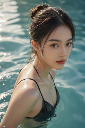 a young woman in glossy swimsuit in the water, vogue magazine photography, elegant, intricate, very inspirational, stunning, highly detailed, complex, sharp focus, great composition, cinematic, modern fine classic, volumetric lighting,