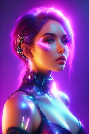 ((masterpiece)), ((best quality)), (((photo Realistic))), (portrait photo), (8k, RAW photo, best quality, masterpiece:1.2), (realistic, photo-realistic:1.3), A captivating and vibrant portrait of a cybergoth fashion cyborg in a minimalist, futuristic setting. The cyborg has subtle miniature glowing inlaid subdermal algorithmic OLED makeup, giving off a soft subsurface scattering effect. The background features a mesmerizing purple sky ambience, with graffiti-inspired typography and a shallow depth of field. A sense of cinematic motion blur enhances the sense of movement and dynamism. The overall composition is a perfect blend of illustration, photography, and digital artistry, portrait photography, cinematic, 
