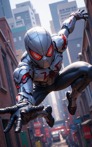 Ghibli studio anime style, a striking photo taken from a low-angle perspective view, medium shot focus on the spiderman's hand while he ijumping down from a high building. Spider-Man hybrid the style of Ultron, gleaming silver white armor with glitter lights and a hyper-realistic advanced joint parts, poised on mid-air, unreal engine-powered aesthetic. Casting unexpected super power.