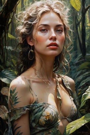 hybrid realistic painting and vintage lithograph style, oil on canvas, impressionist tendencies, delicate painting of a beautiful gypsum woman in an ethereal rainforest, torn revealing clothing, expressive delicate thin brushstrokes, full-body, in the style of fantasy art