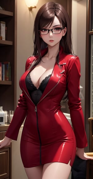 A stunning digital illustration of the Russian streamer Etobogema, dressed as Ada Wong from Resident Evil. She has dark brown hair, brown eyes, and glasses, with a mysterious and alluring expression. Etobogema wears a red dress with a plunging neckline and a matching red blazer, exuding confidence and style. The background is dimly lit, creating a suspenseful atmosphere, while the focus remains on the captivating character.,Detail,masterpiece