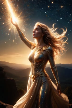 A captivating movie still of a formidable female figure, her hands raised, emitting a brilliant, golden light that illuminates the surrounding darkness. The light envelops her, casting a celestial glow that accentuates her strength and determination. The background reveals a mysterious landscape with an ethereal sky, where stars seem to twinkle with newfound hope. The atmosphere is a blend of enigmatic beauty and promise of new beginnings, as the powerful female figure stands as an embodiment of resilience.