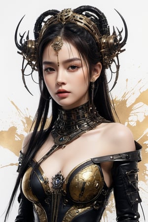 (8k, RAW photo, best quality, masterpiece:1.2), (realistic, photo-realistic:1.3). Renaissance princess with cyberpunk elements, full body stance combines historical and futuristic aesthetics, costume merges line art elegance with watercolor vibrancy, dominant black and gold colors, inspired by Carne Griffiths, Vadim Kashim, Carl Larsson, Greg Rutkowski's intricate detail, Artgerm's stylish touch, evoking H.R. Giger's ominous ambiance, Beksinski's complex design, wide shot composition, crisp focus, seamless transition between hues, digital painting, ultra-realistic