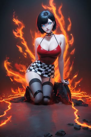 A captivating and unique illustration of a buxom woman with short black hair and a blue eye, posing seductively with a knee on the ground. She wears a short black-and-white checkered skirt with a thigh-high slit, a deep-neck red top, and numerous gothic accessories. The woman holds a crane in her hand, which adds an intriguing touch to the scene. The background is clean and white, allowing the focus to be on the character's striking appearance and pose. Her style and vibe resemble Cassie Hack, a popular character from the comic series 'Hack/Slash'.,fire element,mad-cyberspace,neon style