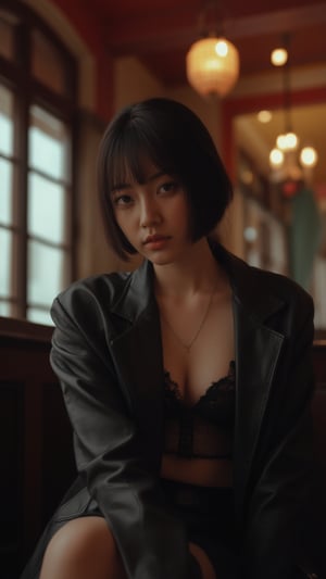 A striking photo of a young woman with bobcut black hair sitting at a bar drinking whisky. She dons a fitted, worn leather jacket over a delicate lace top. Her relaxed yet poised posture radiates danger, allure, and unshakable strength. 