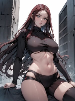 A visually stunning 3D render of a futuristic comic book cover that exudes action, drama, and suspense. The female protagonist, exuding confidence and determination, stands tall in a captivating red and black ensemble with intricate details. Wielding a sleek, high-tech weapon, her fiery gaze pierces through the darkness. The dystopian cityscape in the background, with its towering, anime-inspired structures, adds to the sense of urgency. The piece is rendered with an impressive level of realism and urgency, immersing the viewer in a cinematic experience. This enchanting work of art seamlessly blends anime, illustration, and 3D rendering to create a transportive and unforgettable visual masterpiece.