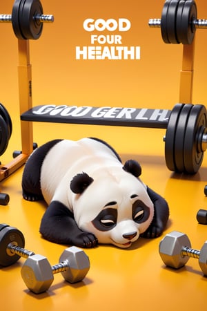 A 3D render of a cartoon style chibi panda exhausted lying down on a orange yellow background with the text "Good for your health"  in bold white Hindi text. The panda is inside a gym, surrounded two dumbbells and a metal rack. The panda is tired and relaxed, emphasizing an exhausted expression. The playful, humorous tone is reinforced by the large text font and the sleepy panda.,3D Render Style