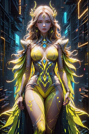 The Neon Wireframe Enchantress of a young alluring goddess. A stunning and evocative epic movie still featuring a futuristic enchantress adorned with a dress and cape made of mesh wireframe in bright neon yellow fibers. The bright goddess with glowing hair intertwined into the futuristic neon background. The lines, an intricate network of shining threads, intertwine forming geometric patterns that glow intensely under the light, creating a hypnotic and electrifying visual effect. The artwork masterfully combines digital rendering with portrait photography, immersing the viewer in a fascinating and technological visual experience. The vibrant contrast between the neon wireframe and the dark, abstract urban landscape background creates a captivating atmosphere that leaves a lasting impression. Adda Barrios' name is prominently displayed, highlighting her extraordinary talent, versatility, and artistic vision, all exhibited in the fields of fashion, 