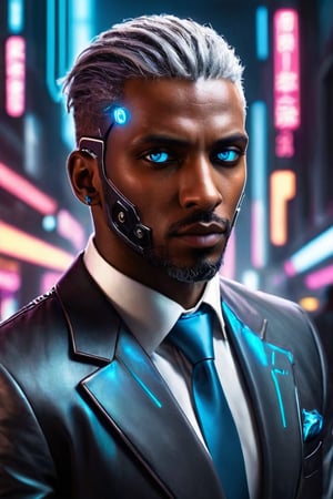 ((masterpiece)), ((best quality)), (((photo Realistic))), (portrait photo), (8k, RAW photo, best quality, masterpiece:1.2), (realistic, photo-realistic:1.3). A striking image of a cyberpunk protagonist, a black man with grey hair and robotic eyes, dressed in a sharp suit. His cybernetic eyes emit a cool blue light that contrasts with the dimly lit, neon-lit cityscape. Hovering vehicles and futuristic architecture fill the background, while a holographic 'Hal Cinah' signature is subtly integrated into the scene, hovering above his head. The overall atmosphere is bold, futuristic, and slightly dystopian.,digitalste,cyberpunk,Cyberpunk Doctor,C7b3rp0nkStyle