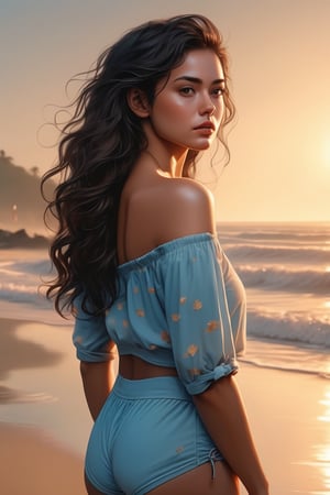 A breathtaking portrait photo of a fit young woman. A stunning cinematic photo capturing a young, attractive woman kneeling on a sandy beach during a serene sunset. She has short, tousled black hair and a fair complexion, with subtle makeup accentuating her eyes and lips. Clad in a light blue, dotted off-shoulder top and a maroon bikini, she appears to adjust the side tie of her bottoms. The sun casts a soft warm, golden glow on her tanned skin and wet hair, while the gentle waves lap at the shore and the horizon fades into the distance. The overall atmosphere of the image is peaceful and captivating, cinematic, 