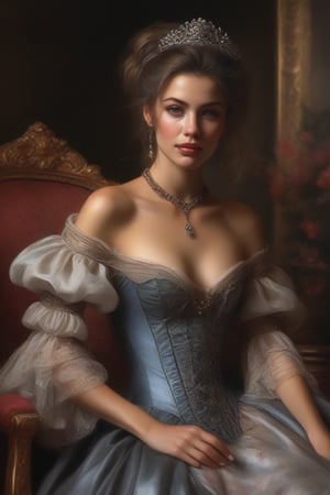 ((masterpiece)), ((best quality)), (((photo Realistic))), NSFW, baroque style drawing art, upper body view of beautiful adult french woman, wearing open low cut victorian era dress, sexy legs, detailed clothing, muted colors, shy smile on perfect face, small breasts, perfect nipples, perfect hands, medium big breasts, pretty boobs, ,dripping paint,epicDiP,oil painting