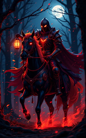 A mesmerizing anime movie still capturing a goth cyberpunk knight. On a Halloween night, the headless knight in fiery gloden-red armor on a black horse, holding a glowing pumpkin lamp in his right hand, is riding swiftly through the woods. On a moonlit night, The image is photorealistic, detailed, and in a fantasy style. ,glowing,bright,luminous skin,glowing brightly,warm light,radiant,soft,glowing skin and vibrant, luminous features,glowing visual effects,glowing particles,neon