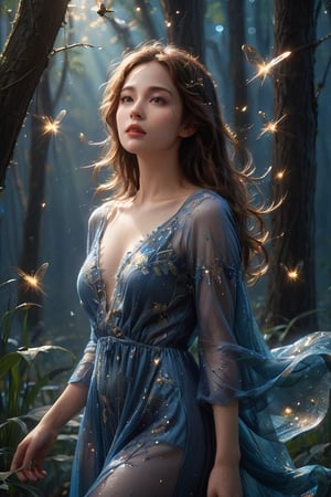 The young alluring lighting goddess. A digital masterpiece image, featuring a woman in a deep blue background, enveloped in a swarm of bright fireflies that illuminate the darkness with flashes of light. With her soft, wavy brown hair, the woman exudes an aura of tranquility and serenity. Her dress appears as an ethereal cloak of light that blends with the glow of the fireflies, while the winged creatures flutter around her, creating a magical and captivating effect. The harmony of deep blue tones and the soft radiance of the fireflies establishes an enchanting atmosphere that captures the audience's attention and imagination.