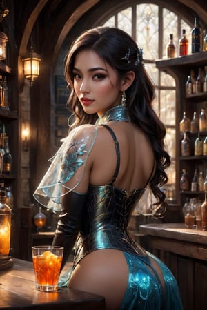 ((masterpiece)), ((best quality)), (((photo Realistic))), (portrait photo), (8k, RAW photo, best quality, masterpiece:1.2), (realistic, photo-realistic:1.3).  In a bustling tavern set within a Dungeons & Dragons-inspired world, a captivating scene unfolds. The focal point is a curvy and enchanting barmaid, her figure accentuated by a tight-fitting, revealing outfit that hints at both elegance and allure. As she leans over to serve a customer, her elongated ears and a subtle, mysterious aura mark her as a creature of the fantasy realm. The bar itself curves elegantly, adorned with various exotic drinks and mystical items—bottles with elixirs glowing faintly and intricate goblets crafted from enchanted metals. Each detail adds to the ambiance of magic and adventure permeating the tavern.