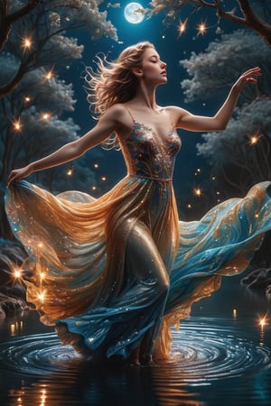 full body, ((masterpiece)), ((best quality)), (((photo Realistic))), A captivating, dreamlike rendition depicting a mesmerizing young woman dancing effortlessly on the water's surface at the ocean's edge. The water, masterfully rendered with a unique blend of glassy and fluid-like textures, creates an enchanting scene. The dancer is attired in a breathtaking, vibrant ensemble that shimmers and glistens under the moon's gentle glow, accentuated by sparkling accessories. She is surrounded by a magical, star-studded night sky alive with glowing fireflies and floating musical notes, adding an extra layer of captivation to the atmosphere. The high dynamic range (HDR) and screen space ambient occlusion (SSAO) techniques employed by the artist contribute to the cinematic, surreal ambiance, transforming this work into a true masterpiece and a striking, painting, poster, conceptual art