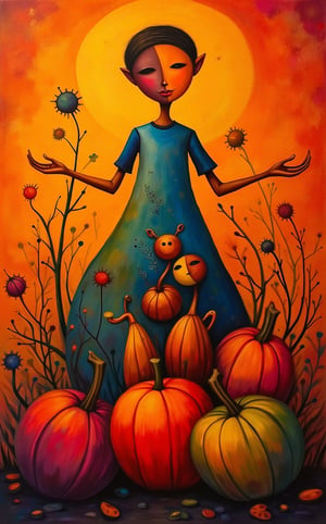 A modern art masterpiece with a abstract description of a family with colorful, geometric figures. Inspired by Dali and dadaism. The family includes a parent figure with outstretched arms, a child figure climbing the parent, and a sibling figure standing beside the parent at the Halloween holiday, vibrant pumpkins. The background is a gradient of warm, earthy tones. The overall piece has a sense of movement and connectedness.