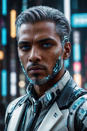 ((masterpiece)), ((best quality)), (((photo Realistic))), (portrait photo), (8k, RAW photo, best quality, masterpiece:1.2), (realistic, photo-realistic:1.3). A striking image of a cyberpunk protagonist, a black man with grey hair and robotic eyes, dressed in a sharp suit. His cybernetic eyes emit a cool blue light that contrasts with the dimly lit, neon-lit cityscape. Hovering vehicles and futuristic architecture fill the background, while a holographic 'Hal Cinah' signature is subtly integrated into the scene, hovering above his head. The overall atmosphere is bold, futuristic, and slightly dystopian.,digitalste,cyberpunk,Cyberpunk Doctor