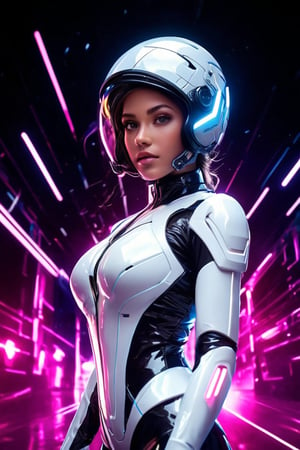 a high-resolution image that captures the essence of a charming character in a futuristic setting. she is wearing white crystal clear white suit and transparent glass helmet. The character is poised energetically, with flowing garments motion. Incorporate a vivid color scheme with pink, and reflective silvers, reminiscent of nightcore aesthetics. Use dramatic backlighting to emulate a neon glow, contrasting with the darker hues of a cosmic backdrop , she is bright , The image should mimic the depth of field and clarity with sharp focus on the character and a blurred background. Add realistic textures to the character's clothing and hair, and include a visible light source in their hands, producing a gleaming, otherworldly effect. Ensure the overall composition resembles a candid snapshot, capturing a spontaneous moment of action in a surreal, sci-fi universe, Her eyes are purple, her entire body, she is making a gesture of reaching out for something above, a leaping pose, she is gazing at something above., GoPro HERO10 Black, Cinestill 800T, cyberpunk, a cinematic scene, 