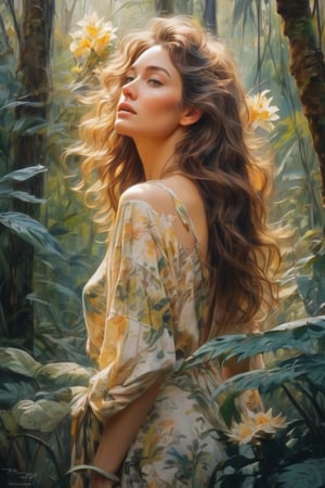 realistic painting hybrid of vintage lithograph style, oil on canvas, impressionist tendencies, delicate painting of a beautiful gypsum woman in an ethereal rainforest, expressive delicate thin brushstrokes, full-body, in the style of fantasy art