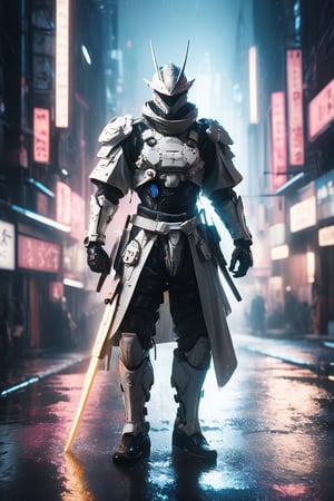 hyperrealistic, best quality, masterpiece, analog film photo, studio lighting, a majestic samurai in shiny white cyberpunk techwear samurai armor, bladerunner city street background with relfections in puddles, highly detailed, hyper-realistic masterpiece, dramatic cinematic lighting, 