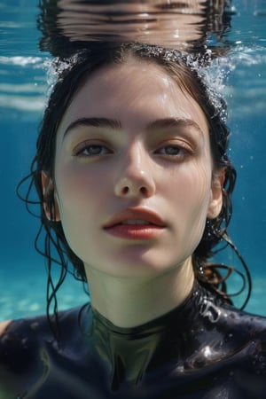 A young woman submerged in water, with her eyes closed and her hands gently placed on her face, wearing glossy black latex bikini. The water's surface creates a rippled effect, reflecting the woman's features. Many little bubbles can be seen around her, and her skin and latex clothing appear to be glistening, possibly due to the water's natural properties or the lighting. The background is a deep shade of blue, emphasizing the serene and tranquil atmosphere of the scene.