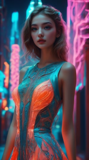 A captivating fantasy portrait of a stunning powerful young female model, dressed in a fashionable outfit with a touch of gothic elements. A mesmerizing stunning, luminous dress that radiates bright electric colors. The dress is adorned with intricate, geometric patterns that seem to dance and shift like a living entity. As she walks, the dress leaves a trail of neon light. The background reveals a futuristic cityscape with towering, illuminated buildings that glisten against the night sky. The city lights playfully dance off the dress, creating a visually stunning interplay of technology and fashion. The overall atmosphere of the piece is captivating, with a sense of futuristic glamour and innovation.,neon photography style,mad-cyberspace,NeonLG,glowing,glowing-neon-colour-clothing