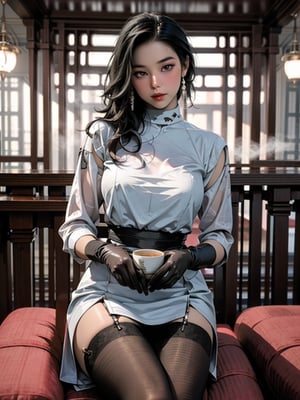 A modern photo of a 19-year-old Gothic anime woman, effortlessly seated in a cozy, dimly lit room filled with books and soft lighting. She is dressed in a chic black latex sweater with a high neck and intricate violet latex applique patterns, paired with platform sandals and black latex gloves and black latex stockings. Her dark, flowing hair contrasts with her pale complexion, and her deep red lips are accentuated by dark makeup. Holding a steaming cup of coffee, she gazes into the distance with an air of mystery and sophistication. This enchanting portrait exudes a sense of relaxation and tranquility, blending vibrant fashion elements with fantasy and cinematic flair.