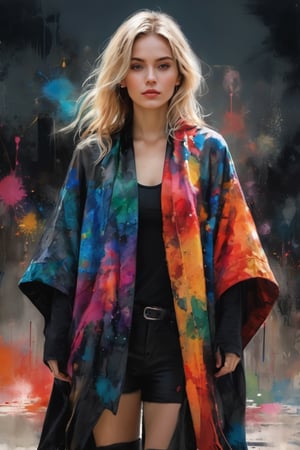 (Masterpiece, Top Quality, Best Quality, Official Art, Beauty & Aesthetics: 1.2), hdr, high contrast, (Masterpiece, Top Quality, Best Quality, Official Art, Beauty & Aesthetics: 1.2), hdr, high contrast, A stunning minimalist watercolor portrait of a woman with blonde hair, sporting a neutral expression. She is adorned with a vibrant, multicolored ink explosion cloak that cascades into an ink painting around her. The cloak, a blend of ink explosion and multi-colored elements, adds a dynamic and textured appearance. The woman wears a simple beige turtleneck sweater and black shorts beneath the cloak. The background is a plain white canvas, allowing the viewer to fully appreciate the intricate details and rich colors of the subject and her garments.,epicDiP,dripping paint