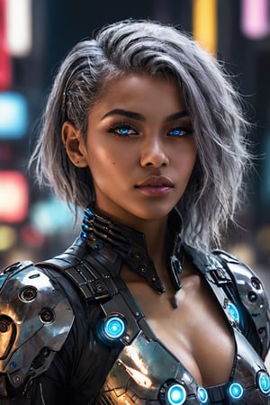 ((masterpiece)), ((best quality)), (((photo Realistic))), (portrait photo), (8k, RAW photo, best quality, masterpiece:1.2), (realistic, photo-realistic:1.3). A striking image of a cyberpunk protagonist, a gorgeous black woman with grey hair and robotic eyes, dressed in a sharp suit. His cybernetic eyes emit a cool blue light that contrasts with the dimly lit, neon-lit cityscape. Hovering vehicles and futuristic architecture fill the background, while a holographic 'Hal Cinah' signature is subtly integrated into the scene, hovering above his head. The overall atmosphere is bold, futuristic, and slightly dystopian.