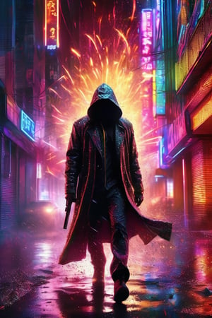 Perspective low angle view up, captivating cinematic illustration of a hooded, mysterious tall man figure in full speed, his identity blurred as he dash towards the viewer. He wield a big sleek, futuristic gun, which releases a bullet and a burst of sparks, creating a trail of chaos and destruction in their wake. The background portrays a dark, gritty urban landscape, with neon lights reflecting off the wet pavement, amplifying the sense of danger and high stakes. The vibrant colors and intense atmosphere create a suspenseful, poster-worthy scene that captivates the audience, movie poster, 