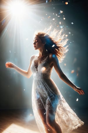 hyperrealistic art, best quality, masterpiece, analog film photo, studio lighting, bokeh, light fog around, a gorgeous young woman floating in the air, she is in white lace dress, fragments broken glass floating in air, bright sun colors, shallow depth of field, soft atmospheric scenes, powerful portraits, perfect anatomy, best quality, highres, realistic photo, professional photography, cinematic angle, dynamic, light shining,