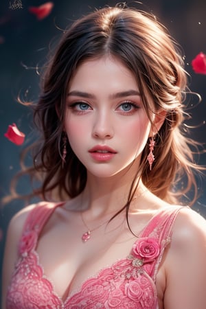 (Best quality, 8k, 32k, raw photo, photorealistic, UHD:1.2), (upper body portrait:1.2), stunning beauty, (smooth hair), beautiful double eyelids, highly detailed glossy blue eyes, detailed facial, (8k, RAW photo, best quality, masterpiece:1.2), A full body photorealistic beautiful dress made entirely of roses with rose texture, rose patterns and the colors are black and pink, worn on a beautiful Latina woman, ((rose)) fashion design, influenced by rose petals, highly detailed, 8k sharp focus, photorealism