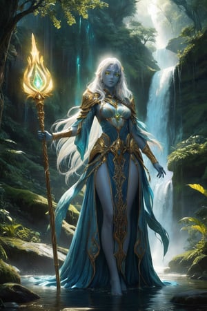 A captivating wide-shot fantasy art piece featuring a stunningly detailed and photorealistic nude Vedalken female cleric. Her striking blue skin is illuminated by glowing particles, adding a mystical aura to the composition. Her long, white hair flows gracefully, contrasting with her vibrant skin tone. Her intense green eyes convey profound depth and wisdom.
Armed with a glowing yellow mace adorned with magical symbols, the cleric stands at the base of a breathtaking waterfall, which adds a natural and dynamic element to the scene. The lush fantasy landscape in the background enhances the overall mood with its vibrant, magical atmosphere. The artwork is presented in ultra-high resolution (16k), focusing on photorealistic quality to capture every detail, from the wet textures of her skin to the shimmering reflections of the water.