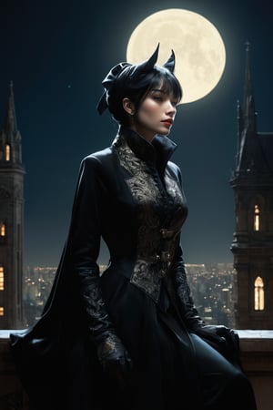 A mysterious female assassin, his half-lower face concealed by a translucent black veil. Her sexy attire is intricately detailed decorated with gleam patterns, featuring a high-collared coat and ornate gloves, with stockings that add to his enigmatic allure. Outer glow around the protagonist to distinguish him from the background. mute the background to distinguish it from the protagonist. Perched on a gargoyle, she gazes out over a cityscape of towering, gothic buildings silhouetted against a moonlit sky. A meticulously detailed, hyper-realist illustration in the style of Norman Rockwell, Jeremy Mann, Dungeons & Dragons, Moebius,and Steve Hanks