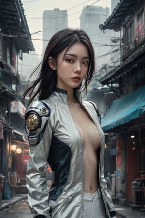 hyperrealistic, a masterpiece shot, (((gorgeous young woman))), full body lean forward, Gumiho, ((masterpiece)), ((best quality)), (((photo Realistic))), extremely detailed cg 8k wallpaper, Japanese female android in dystopian hybrid futuristic attire on a desolate street, beautiful eyes, slight smiling, space tech suit, overcast, a gigantic floating alien beast head in the ruins background, cinematic, 32k.