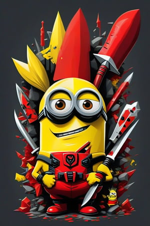 A whimsical artwork. A amesmerizing fusion of Minion and Deadpool, is depicted with an elongated face adorned with bold, geometric shapes and a vibrant color palette of red, yellow, white. Wielding a Big Chief knife with a sinister, reflective blade that reads "DEADTH" the subject exudes danger and unease. 3D comical caricature