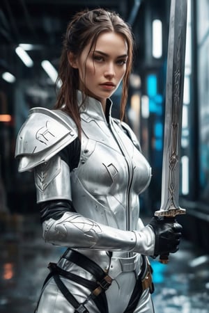 hyperrealistic, a masterpiece, gorgeous strong caucasian female fighter, wet skin, Beautiful female in futuristic attire holding a large gleam rune sword, chopping forward in the style of movie still, snapshot realism, platinum metal and white armor suit, chinapunk, cyberpunk realism,