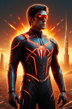 A captivating and powerful movie poster of a dark-armored hero, reminiscent of a futuristic Spider-Man, standing against a dramatic, cloudy, and fiery sky. The hero, with glowing yellow eyes and a chest emblem, wears a sleek, advanced neon armor adorned with sharp, angular designs that highlight the sci-fi aesthetic. Wielding a vibrant red lightsaber, this dark hero seamlessly blends science fiction and fantasy in this intense and action-packed scene. The background showcases a dystopian world with war machinery, including a car and plane, engulfed in flames. Hans Darias AI has masterfully crafted this visually striking masterpiece, encapsulating the essence of heroism and power in a chaotic, post-apocalyptic landscape.