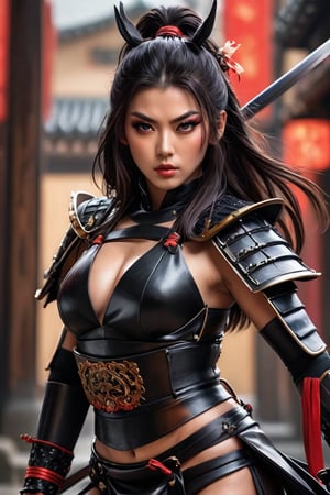 ((masterpiece)), ((best quality)), (((photo Realistic))), (portrait photo), (8k, RAW photo, best quality, masterpiece:1.2), (realistic, photo-realistic:1.3). A striking 8k portrait of a gorgeous alluring woman in a black sexy samurai suit, showcasing her toned body and long dark hair. She has dark, intense eyes and a goddess's face. The woman wields a long gleaming katana at dynamic jumping action pose and is adorned in intricate, maximalist transparent attire. The background is a blend of dark and light tones, with a nod to anime-inspired elements. This stunning artwork is trending on ArtStation and is a masterpiece by the talented artist, Artgerm.,samurai