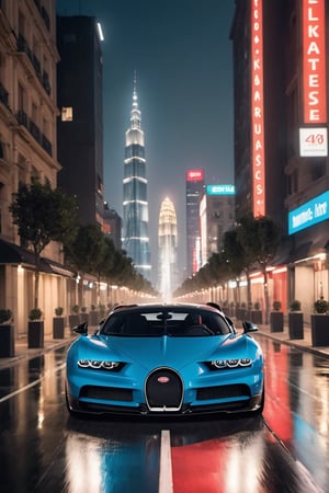 ((masterpiece)), ((best quality)), (((photo Realistic))), (portrait photo), (8k, RAW photo, best quality, masterpiece:1.2), (realistic, photo-realistic:1.3). A captivating cinematic photo of a sexy model and an exhilarating street race in a bustling, city night. Two sleek Bugatti sports cars, one deep blue Chiron and the other daring red and black Veyron, race neck-and-neck, finishing with a dramatic stop side by side. At the heart of the action, a sophisticated and self-assured young woman with cascading hair raises a white handkerchief in one hand, signaling the start of the race. The towering cityscape with its lights casts a kaleidoscope of colors onto the scene, heightening the electrifying atmosphere.