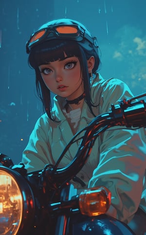 Ghibli studio anime style, Japanese anime style illustration, steampunk style, heavy raining, the endless desolate dry land is foggy, a cyan moon in the distance, a young girl riding a Honda CB125 from the 1970s, she is looking for something, details face, goggles, wet transparent low cut raincoat, low angle view shot, sunny rain lighting, perfect face, lightly sparkles smoke background, volumetric fog, Hyperrealism, cinematic lighting, highly detailed, breathtaking, 8k uhd