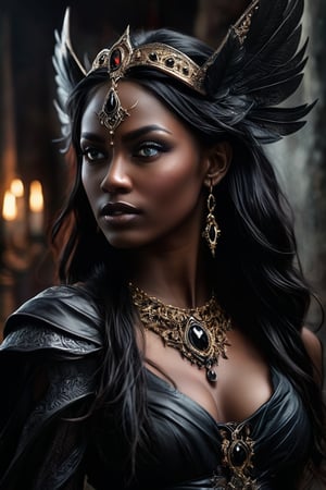 ((masterpiece)), ((best quality)), (((photo Realistic))), (portrait photo), (8k, RAW photo, best quality, masterpiece:1.2), (realistic, photo-realistic:1.3).   In a Dungeons & Dragons realm, a captivating dark fantasy portrait emerges, depicting a demoness with oil-black skin and mesmerizing red eyes. Her sultry outfit reveals her alluring figure, accentuated by the intricate details of her attire, including dark lace and shimmering onyx gems that catch the dim light of her surroundings. Her long, flowing hair cascades around her shoulders, framing her striking face which bears a pair of ominous, mystical wings that seem to shimmer with an otherworldly energy. Her expression is one of enigmatic allure, with a subtle, knowing smile that hints at forbidden secrets and untold power. The background is set within a dark, smoky palace, its shadowy corridors and towering arches lending an air of mystery and grandeur to the scene. Faint, ghostly lights flicker in the distance, casting an ethereal glow that contrasts beautifully with the demoness's dark form. 